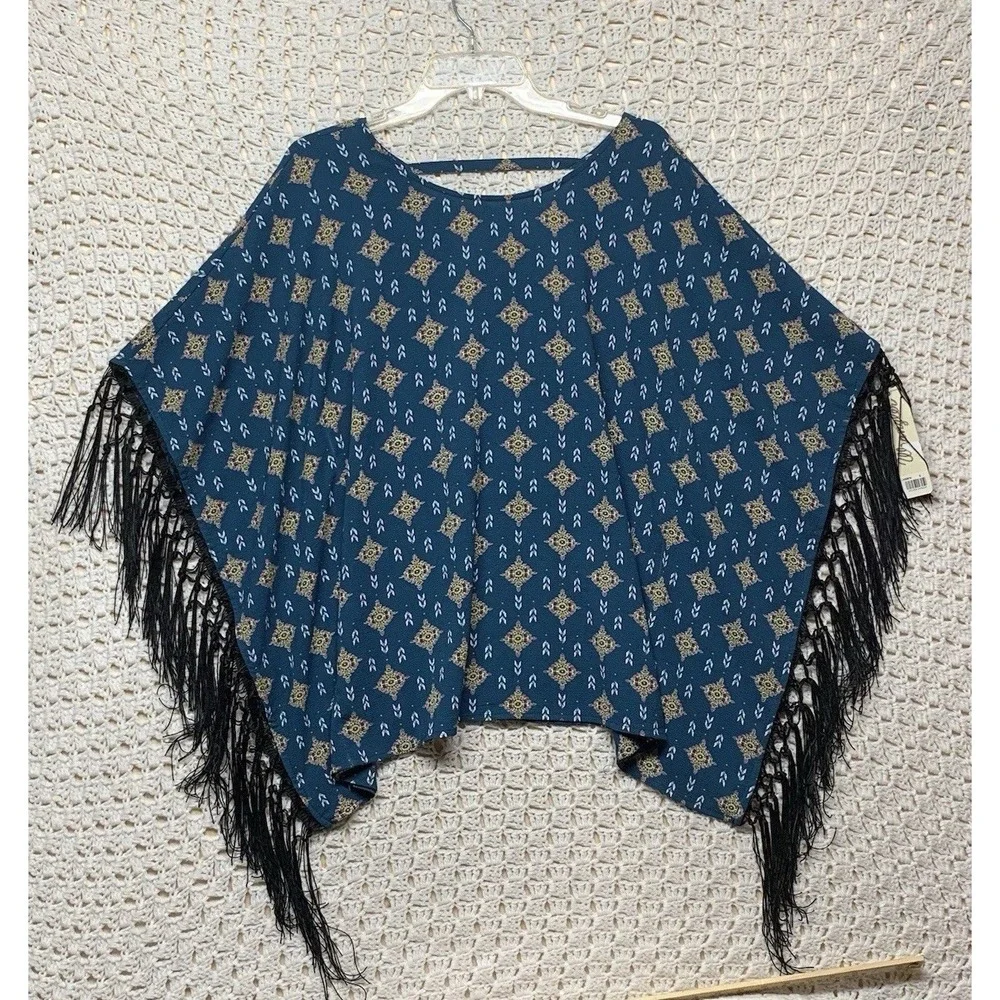 Wrangler Top Women Sz S Kimono Poncho Shawl With Fringe Blue Aztec Print Western - Picture 1 of 7
